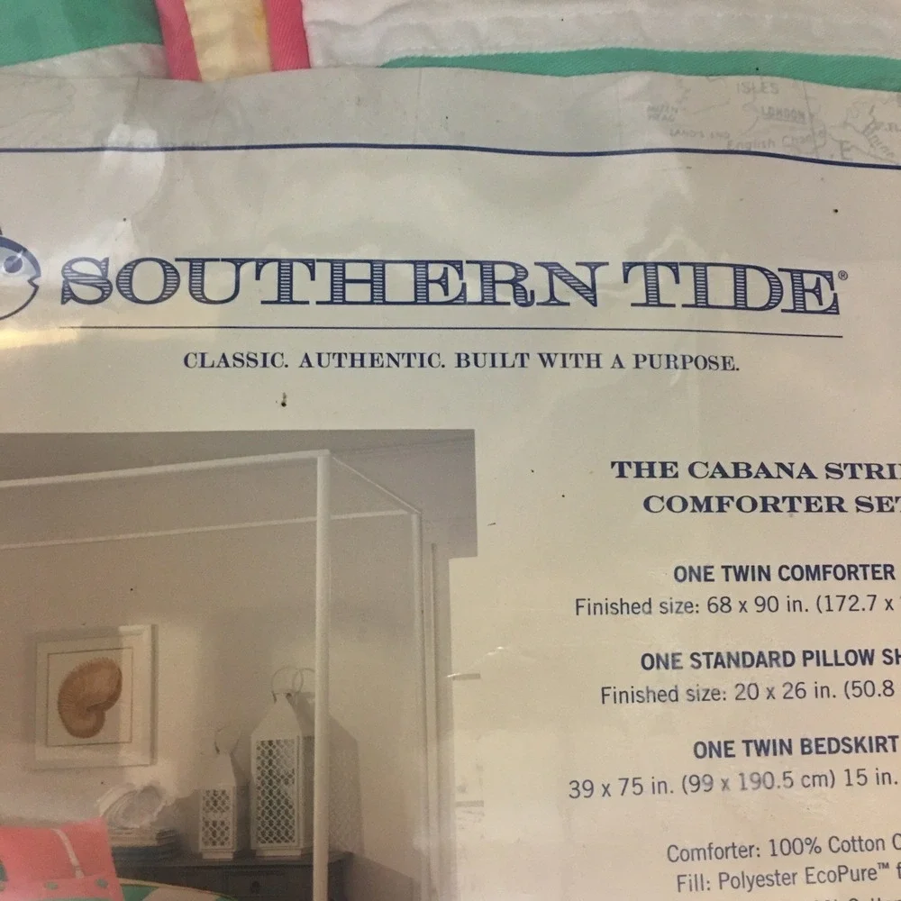 Southern Tide Cabana Stripe Twin Comforter 3 Pc.Set Lite Coral Mint Green Yellow